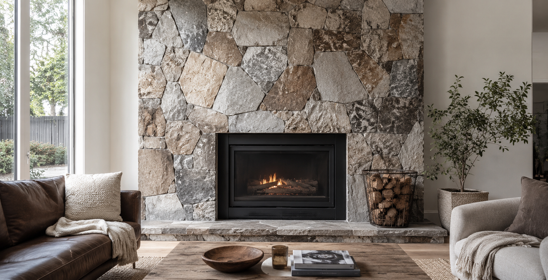 AI-generated interior showing natural stone cladding around a fireplace