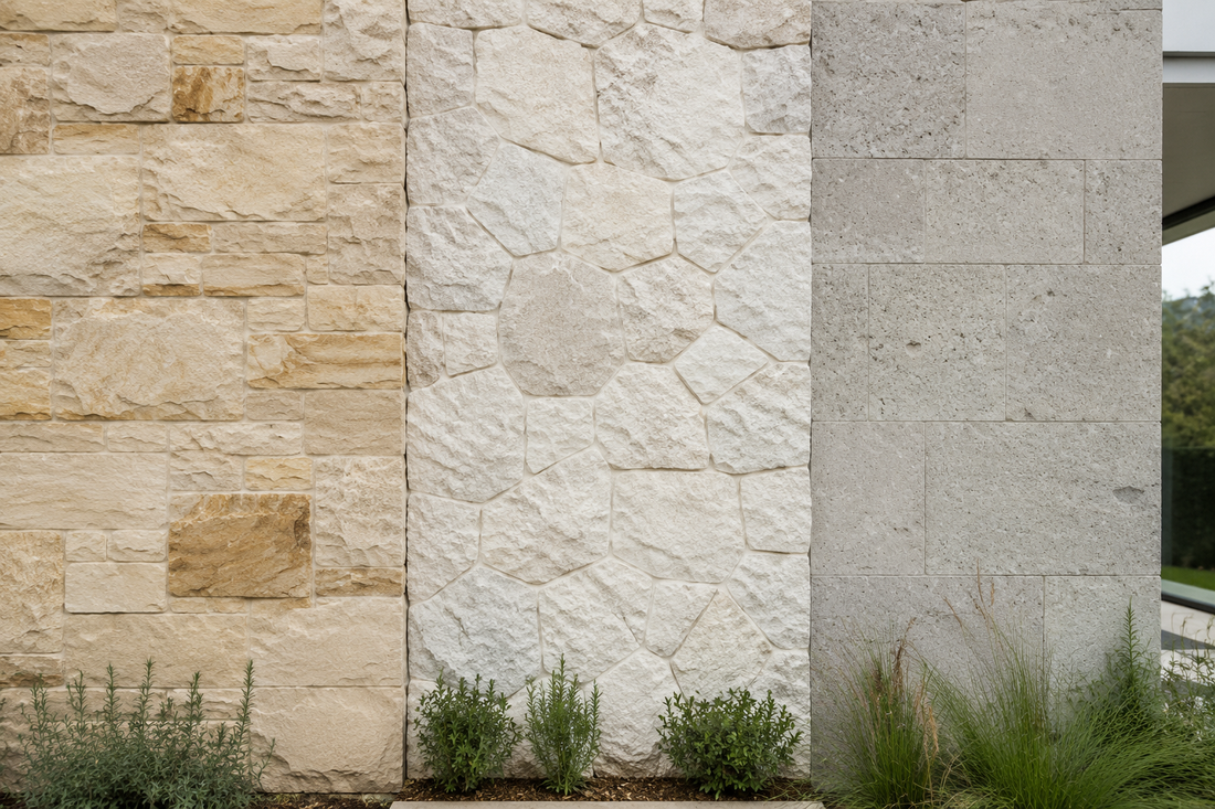 AI-generated comparison of three light-coloured natural stone cladding options