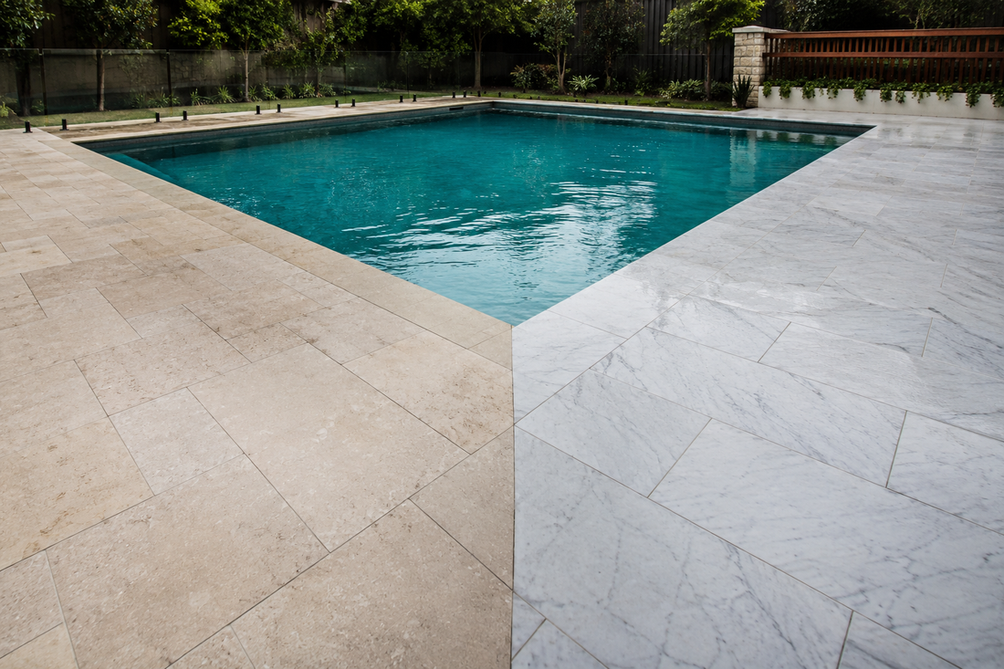 AI-generated pool surround comparing limestone and marble pavers