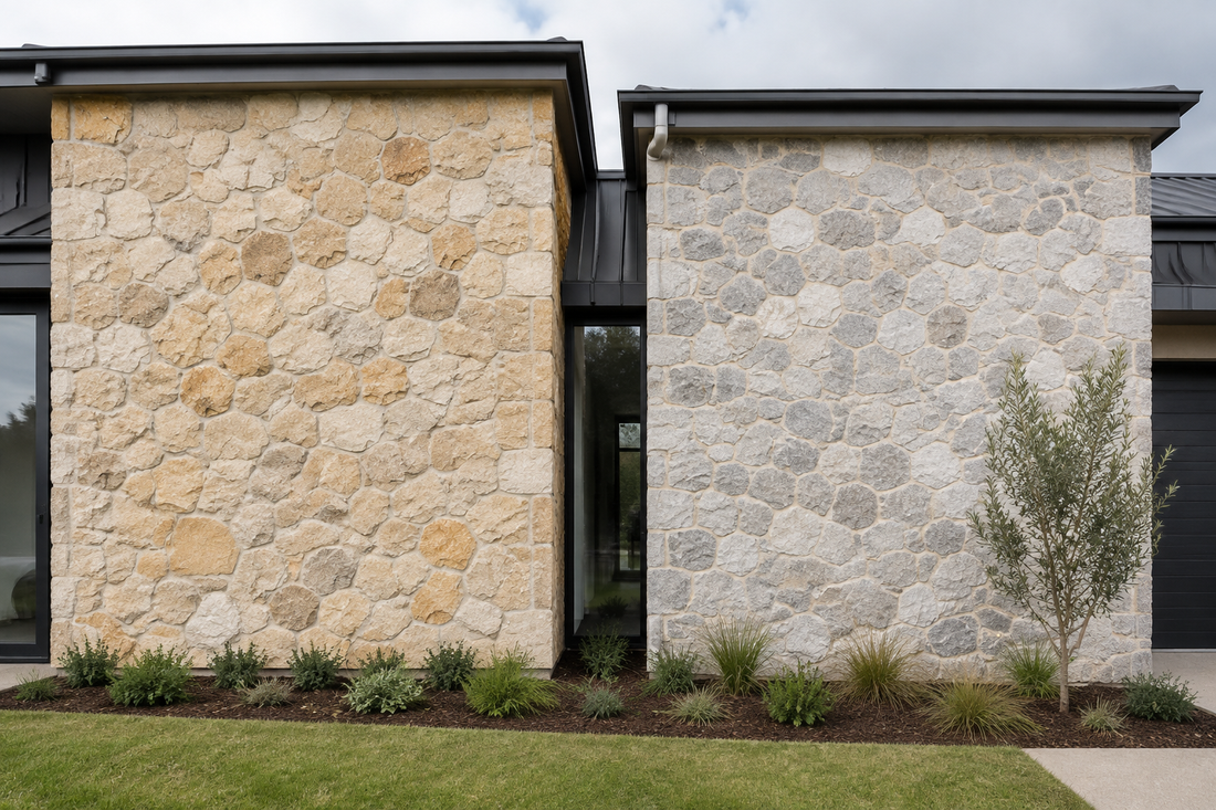 AI-generated comparison of sandstone and limestone wall cladding on a Sydney home