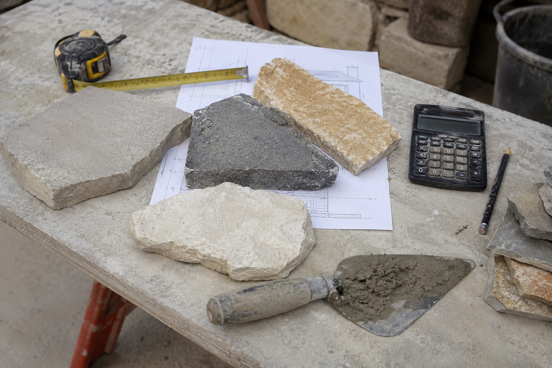 AI-generated stone cladding samples, building plans and estimating tools