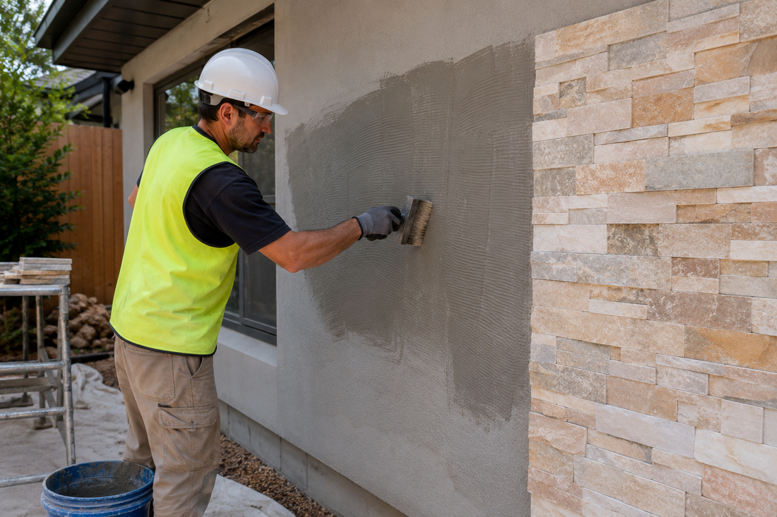 AI-generated tradesperson preparing a rendered wall for stone cladding