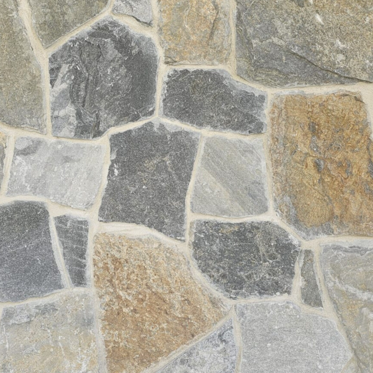 Close-up of Verona Stone Cladding, showcasing irregular gray and beige stones with hand-split surfaces, arranged in a free style pattern and joined by light-colored mortar. — Stone Cladding